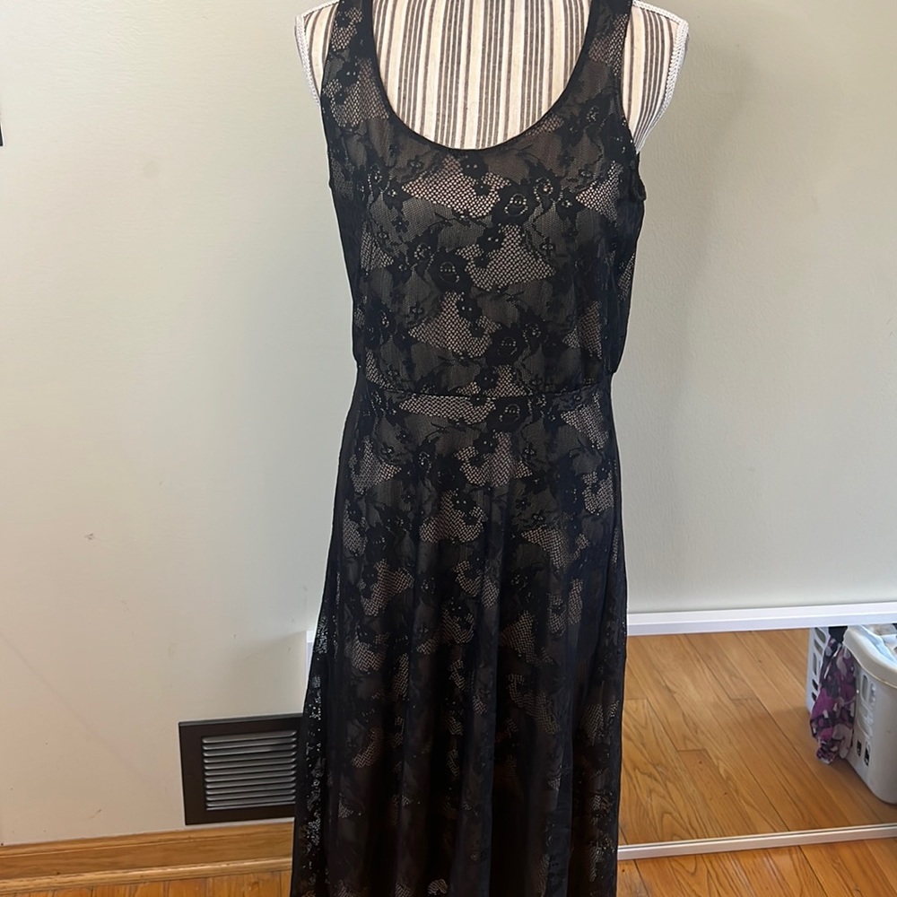 Rolla Coster black lace over beige lining, high-low dress, Size Large